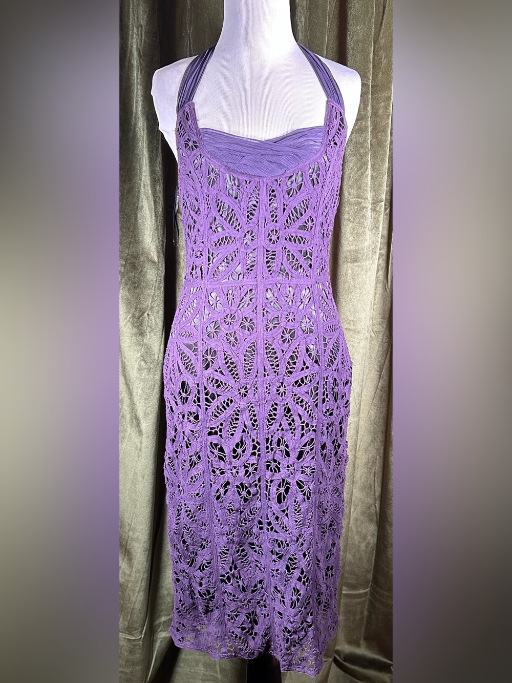 Vintage 90's Betsey Johnson NY Black Tag Purple Battenberg Lace Halter Dress